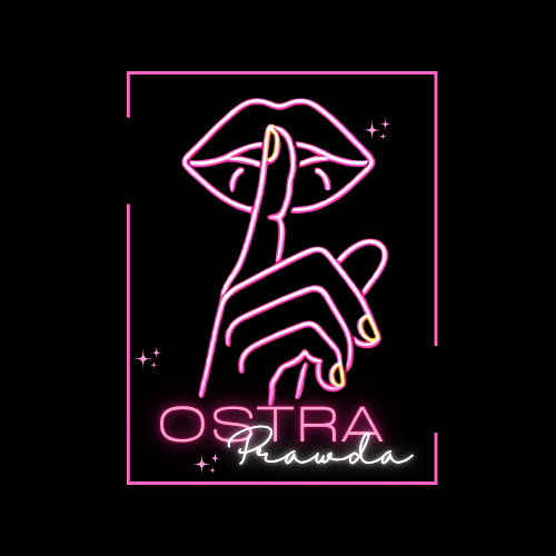Ostra Prawda - neonowy szyld z ustami i gestem „ciszej”